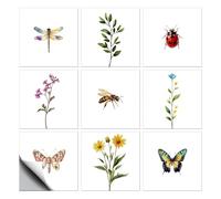 CHGCRAFT 18 Pcs 9 Styles Ladybug Bee Butterfly Floral Tile Stickers Peel and Stick Waterproof Self Adhesive Wall Decals, for Kitchen Bathroom Wall Art Decor 6x6 Inch