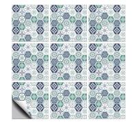 CHGCRAFT 18 Pcs Geometric Blue and Green Patten Tile Sticker Bohemian Graphics Peel and Stick Wall Tile Stickers Waterproof Self Adhesive Stick on Decals for Kitchen Bathroom Wall Art Decor 6×6 Inch