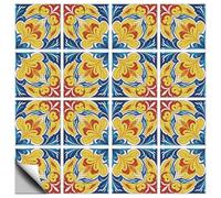 CHGCRAFT 18 Pcs Geometric Cross Flower Patten Tile Sticker Yellow and Blue Peel and Stick Wall Tile Stickers Waterproof Self Adhesive Stick on Decals for Kitchen Bathroom Wall Art Decor 6×6 Inch