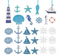 CHGCRAFT 34pcs 16Style Wooden Nautical Hanging Decorations Mini Beach Marine Ornament Set Beach Coastal Wall Ornaments for Christmas Tree Party Home Decor, 45.5x44x3mm, Hole: 1.6mm