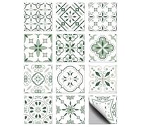 CHGCRAFT 36 Pcs 12 Styles Gray-green Tile Sticker Geometric Moroccan Pattern Peel and Stick Wall Tile Waterproof Self Adhesive Stick on Decals for Kitchen Bathroom Wall Art Decor with Scraper 4×4 Inch