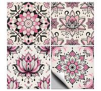 CHGCRAFT 36 Pcs 4 Style Lotus Tile Stickers Pink Pattern Peel and Stick Wall Tile Stickers Mandala Pattern Waterproof Self Adhesive Stick on Tiles Decals for Kitchen Bathroom Wall Art Decor, 4×4 Inch