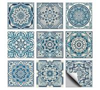 CHGCRAFT 36 Pcs 9 Style Cyan Mandala Patten Tile Sticker Geometric Shapes Wall Tile Stickers Waterproof Self Adhesive Stick on Decals for Kitchen Bathroom Wall Art 4×4 Inch