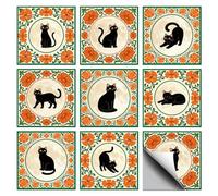 CHGCRAFT 36 Pcs 9 Style Orange Pattern Black Cat Patten Tile Sticker Flowers Pattern Wall Tile Stickers Waterproof Self Adhesive Stick on Decals for Kitchen Bathroom Wall Art 4×4 Inch