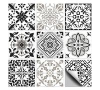 CHGCRAFT 36 Pcs 9 Style Tile Sticker Moroccan Style Patten Peel and Stick Wall Sticker Geometric Black and Beige Flowers Waterproof Self Adhesive on Decals for Kitchen Bathroom Wall Art Decor 4×4 Inch