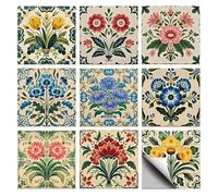 CHGCRAFT 36 Pcs 9 Style Tile Stickers Retro Flowers Peel and Stick Wall Tile Stickers Red and Blue Flowers Waterproof Self Adhesive Stick on Tiles Decals for Kitchen Bathroom Wall Art Decor, 4×4 Inch