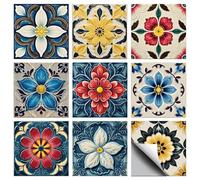 CHGCRAFT 36 Pcs 9 Styles Artistic Flowers Patten Tile Sticker Geometric Relief Flowers Shapes Wall Tile Stickers Waterproof Self Adhesive Stick on Decals for Kitchen Bathroom Wall Art 4×4 Inch