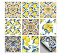 CHGCRAFT 36 Pcs 9 Styles Lemon Patten Tile Sticker Geometric Pattern Wall Tile Stickers Waterproof Self Adhesive Stick on Decals for Kitchen Bathroom Wall Art 4×4 Inch