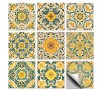 CHGCRAFT 36 Pcs 9 Styles Yellow Vintage Flowers Patten Tile Sticker Wall Tile Stickers Waterproof Self Adhesive Stick on Decals for Kitchen Bathroom Wall Art 4×4 Inch