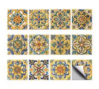 CHGCRAFT 36pcs 12 Styles Self Adhesive Wall Tiles Peel and Stick Backsplash Tile Stickers Retro Yellow Mandala Tile Decals Waterproof Square Wall Decals for Kitchen Bathroom Decoration, 4X 4inch