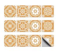CHGCRAFT 36pcs 4 Styles Bohemian Mustard Style Pattern Tile Stickers Waterproof Tile Stickers Square with Flower Pattern for Kitchen Bathroom Bedroom Wall Fireplace Floor Decoration, 3.9×3.9inch