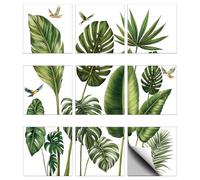 CHGCRAFT 36pcs 9 Styles Leaves Background Tile Stickers Waterproof Tile Stickers Square with Flower Pattern for Kitchen Bathroom Bedroom Wall Floor Decoration, Dark Olive Green, 3.9×3.9inch