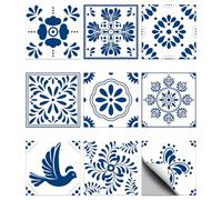 CHGCRAFT 36pcs 9 Styles Mexican Ceramics Blue Tile Stickers Waterproof Tile Stickers Square with Flower Pattern for Kitchen Bathroom Bedroom Wall Floor Decoration, Dodger Blue, 3.9×3.9inch