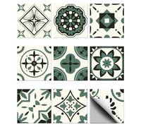 CHGCRAFT 36pcs 9 Styles Moss Green Pattern Tile Stickers Waterproof Tile Stickers Square with Flower Pattern for Kitchen Bathroom Bedroom Wall Floor Decoration, Dark Olive Green, 3.9×3.9inch