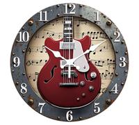 CHGCRAFT 3D Industrial Style Guitar Pattern Wall Clock 12 Inch Non-Ticking Clocks Round Sheet Music Pattern Wall Hanging Clock Battery Operated for Bedroom Living Room Kitchen Office