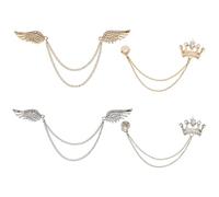 CHGCRAFT 4 Pcs 4 Style Wings Collar Chain Brooch Crown Hanging Chain Brooches with Rhinestone Alloy Brooches Pin Safety Pins for Collar Sweater Jacket Clothing Decoration