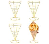 CHGCRAFT 4 Pcs French Fries Stand Cone Basket Fry Holder Iron Cone Holders Reusable Snack Basket for Home Party Kitchen Restaurant Cafe Table Serving, Gold, 148×101×132mm