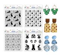 CHGCRAFT 4 Pcs Polymer Clay Texture Sheets Easter Eggs Silicone Texture Stamp Bunnies Clay Texture Mat Background Modeling Pattern Pad for Jewelry and Clay Earrings Tools, 5.5x5.5 inch