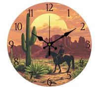 CHGCRAFT Cactus Cowboy Wall Clock 12 Inch Battery Operated Sunset Non Ticking Silent Decorative Clock for Living Room Office Bedroom Home Decor