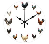 CHGCRAFT Chickens of All Breeds Pattern Wall Clock 12 Inch Non-Ticking Clocks Round Wall Hanging Clock Battery Operated for Bedroom Living Room Kitchen Office