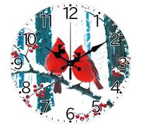 CHGCRAFT Christmas Cardinal Pattern Wall Clock 12 Inch Non-Ticking Red Berries Snow Scene Clocks Round Wall Hanging Clock Battery Operated for Bedroom Living Room Kitchen Office