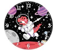 CHGCRAFT Dinosaur Astronaut Pattern Wall Clock Planet Non-Ticking Clock 12 Inch Round Decorative Clocks Printed Wall Clocks for Home Office Decoration