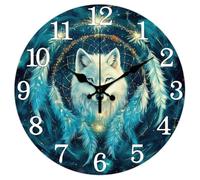 CHGCRAFT Dream Catcher Wall Clock 12 Inch Wolf Clock Battery Operated Silent Non Ticking Magic Round Decorative Clock for Home Office Decoration