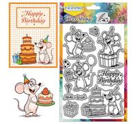 CHGCRAFT Happy Birthday Clear Stamps Cute Mouse Transparent Stamps Gift Cake Silicone Clear Stamp Seals for DIY Scrapbooking Photo Album Decoration, 4.3×6.3 inch