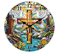 CHGCRAFT Painted Glass Pattern Wall Clock 12 Inch Non-Ticking Cross and White Dove Pattern Clocks Round Wall Hanging Clock Battery Operated for Bedroom Living Room Kitchen Office