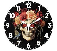 CHGCRAFT Skull Wall Clock 12 Inch Red Rose Clock Battery Operated Silent Non Ticking White Rose Round Decorative Clock for Home Office Decoration