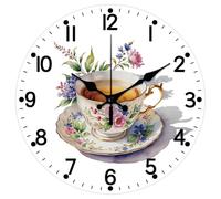 CHGCRAFT Tea Cup Pattern Wall Clock 12 Inch Non-Ticking Flowers Pattern Clocks Round Wall Hanging Clock Battery Operated for Bedroom Living Room Kitchen Office