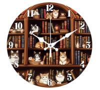 CHGCRAFT Vintage Bookshelf Wall Clock Cat Non-Ticking Clock 12 Inch Round Decorative Wall clock Printed Wall Clock for Home Office Decoration