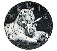 CHGCRAFT White Tiger Wall Clock 12 Inch Clock Wood Board Round Decorative Clocks for Bedroom Living Room Kitchen Office