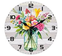 CHGCRAFT Wild Flowers Vase Pattern Wall Clock 12 Inch Non-Ticking Light Wood Board Clocks Round Wall Hanging Clock Battery Operated for Bedroom Living Room Kitchen Office