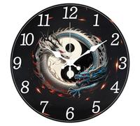 CHGCRAFT Yin Yang Dragon Pattern Wall Clock 12 Inch Non-Ticking Clocks Round Tai Chi Pattern Wall Hanging Clock Battery Operated for Bedroom Living Room Kitchen Office