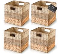 CHI AN HOME 10.5in x 10.5in Wicker Storage Cubes, Foldable Natural Wicker Cube Storage Bin, Heavy Duty Hyacinth Storage Baskets, Cube Storage Baskets 11 x 11 for Shelf, 4 Pack