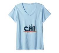 Chi Town Skyline Urban Pride for City Lovers V-Neck T-Shirt, Women, Baby Blue, M
