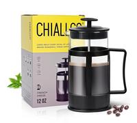 Chiallco Mini French Press Coffee Maker, Heat Resistant Thickened Borosilicate Classic Glass Stainless Steel Coffee Press, 12OZ Heat Cold Brew Coffee Pot Tea Press for Kitchen Travel Camping，Black