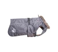 Chiara Dog Coat with Fleece and Faux Fur Collar, Warm Dog Coat, Reflective Stripes on Back and Strap, Adjustable, Size 4XL, Black