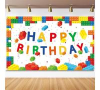 Chiazllta Building Blocks Happy Birthday Banner Colorful Blocks Birthday Party Decorations Backdrop Photography Background for Children Kids Boys Girls Building Blocks Theme Party Supplies, White
