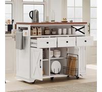 Chic 46.5'' White Farmhouse Kitchen Island with Beaded Drapes, Power Outlet, Rolling Cart, Drop Leaf, 3 Doors, 3 Drawers & Iron Shelf - Ideal for Kitchen & Dining Room Storage!