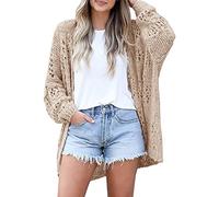 Chic and elegant women's cardigan, sports jacket, knitted, solid colour, front opening, hollow, casual coat, loose fit, lightweight, loose fit, versatile autumn jacket for the beach, khaki, XL