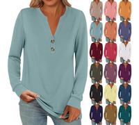Chic and elegant women's t-shirt, oversized long sleeve t-shirt, t-shirt with button, casual top, solid colour, V-neck top, short clothing, loungewear, outdoor top, simple t-shirt, Pink, 3XL