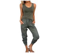Chic and Elegant Women's Two Piece Linen Tank Top and Casual Drawstring Pants Set Sleeveless Top and Elastic Waist Pants