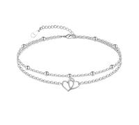 CHIC & ARTSY Double Heart Anklet 925 Sterling Silver Heart Anklets for Women Adjustable Layered Beach Anklets 11 Inches Boho Double Chain 2 Heart Ankle Bracelet