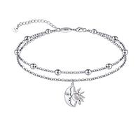 CHIC & ARTSY Sun Moon Sterling Silver Cats Eye Stone Anklets - Dainty Layered Beaded Glinting Celestial Anklets for Women