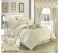 Chic at Home Complete Pleated Ruffles and Reversible Printed Bed in a Bag Comforter Set with Window treatement and Sheets Included, Microfiber, Beige, Queen