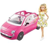 Chic Barbie Doll in Lemon Dress with Her Fiat 500 Pink Car