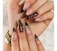 Chic Black Leopard Print Press On Nails Short - 24PCS Natural Looking French Tip Almond Fake Nails Elegant Art Kit with Gradient Design for Women, Odour-Free & Handcrafted