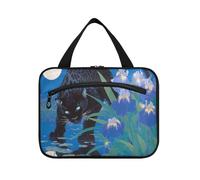 Chic Black Leopard with Blue Irises Hanging Toiletry Bags for Traveling with Hook, Designer Washable Quilted Makeup Bag for Travelers Cruises bolso de para Mujer L